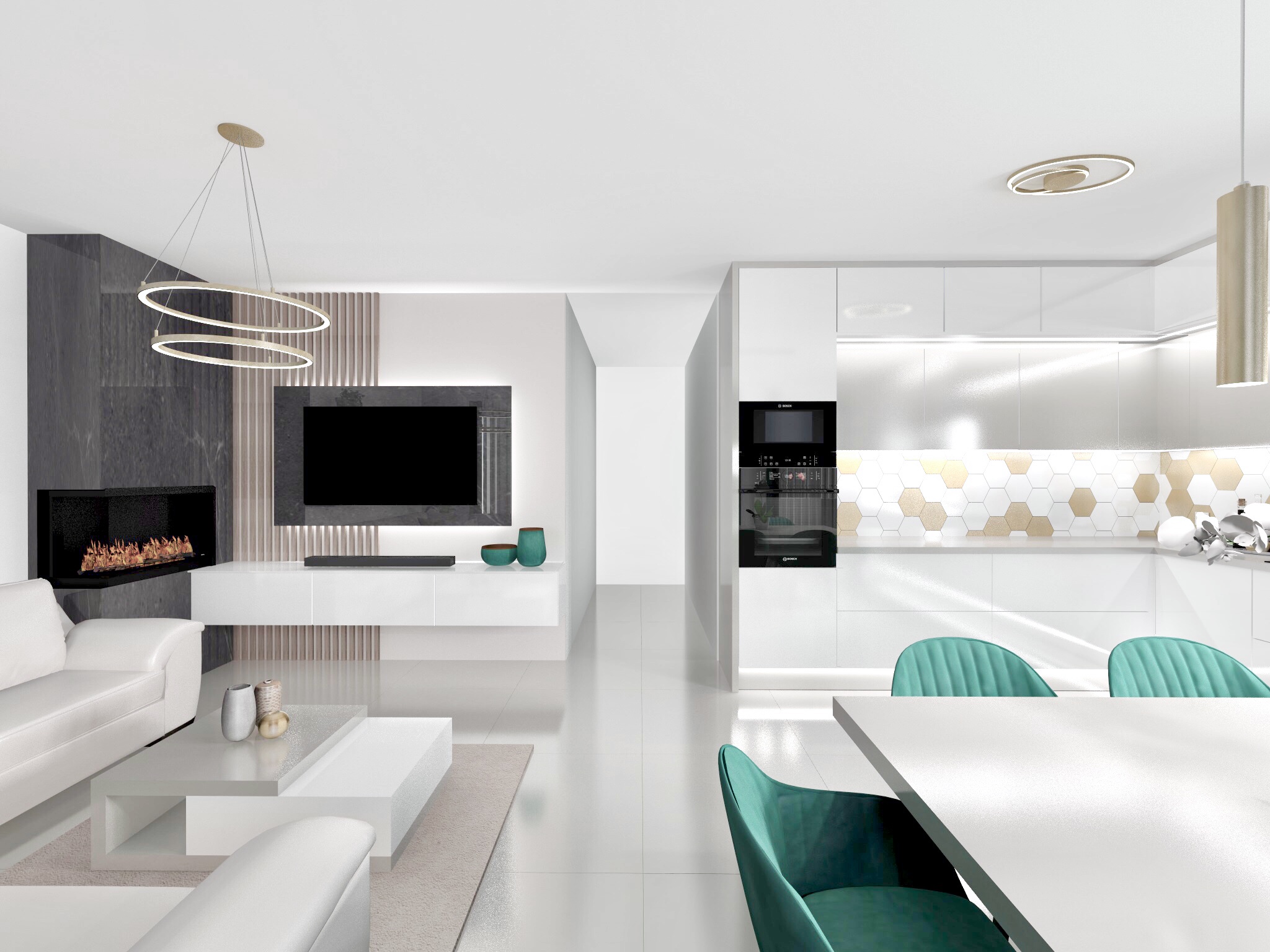 Friss és elegáns zöld egy újépítésű otthon központi terében